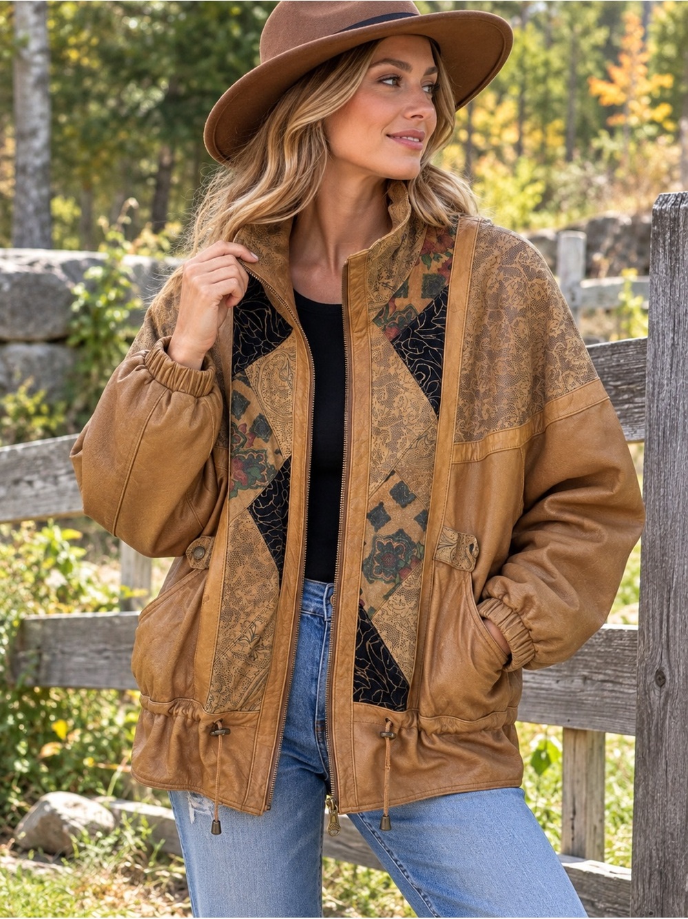 Vintage Leather Tan Patchwork Jacket - Classic Casual